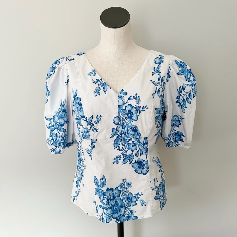 Rachel Parcell Floral Print Puff Sleeve Elbow V-neck Blouse Blue White Size L